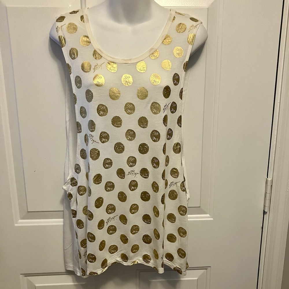 Betsey Johnson Gold/White Designer Swim Cover Up Polka Dot Shirt Top